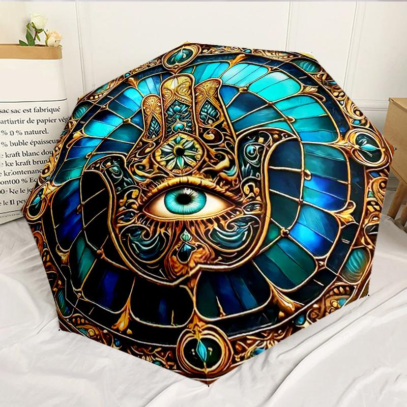 Golden Hamsa Hand Design 8-Frame for Travel, Camping, Casual Lightweight Portable Umbrella, Essential for Every Family Holidays Birthday Gift