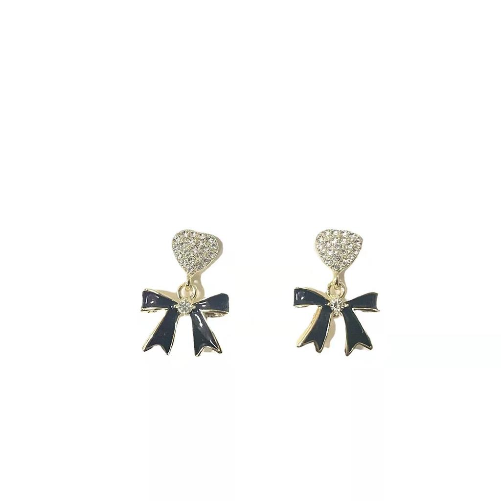 French Retro Romantic Zircon Heart Bow Pendant Dangle Earrings 2026 Fashion Jewelry Wedding Party Luxury Accessories For Women's