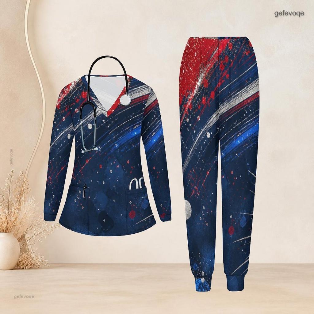 Women Plus Size V Neck Long Sleeve Scrub Set Vintage American Flag Star Stripe Print Nurse Uniform Set