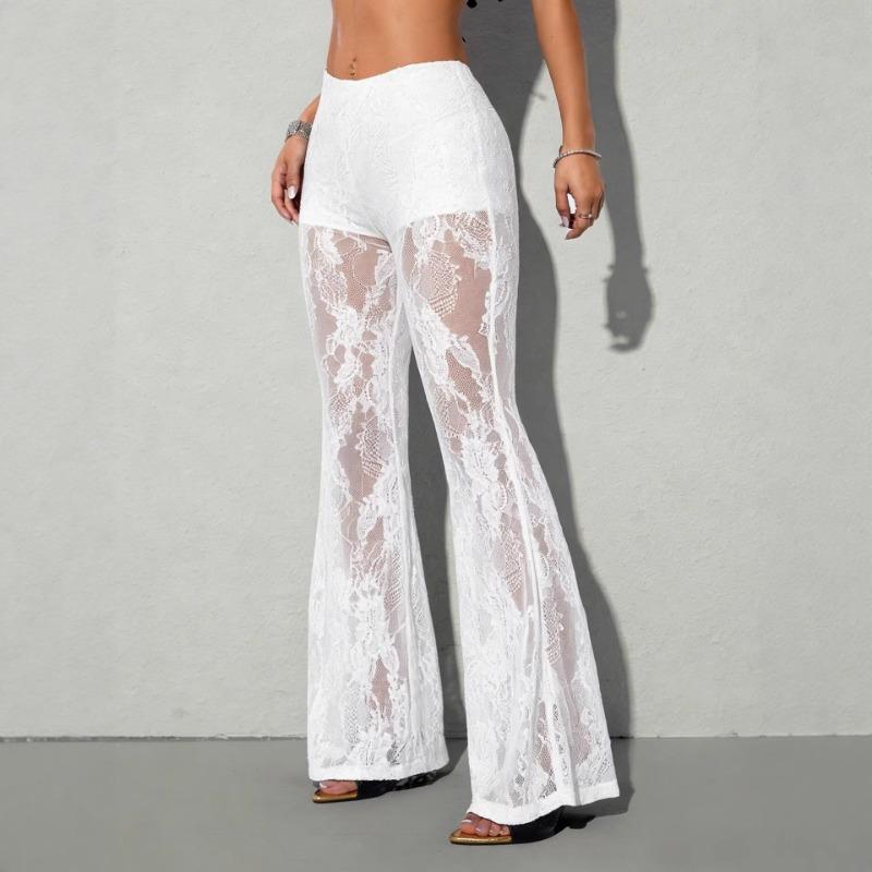 Pantaloni Lunghi da Donna in Pizzo Trasparente a Zampa Slim Fit