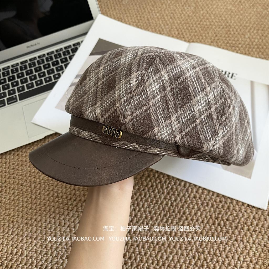 Warm Shade New Autumn and Winter Woolen Plaid Retro Beret Femininity Fashionable Versatile Octagonal Hat Hat