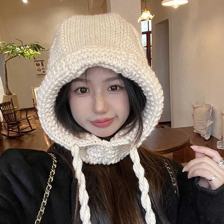 Big Red Balaclava Hat Women's Strappy Knitted Winter Thickened Warm Woolen Hat