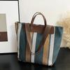 Large Stylish Color Block Striped Canvas Tote Bag For Women In Blue Black Or Khaki