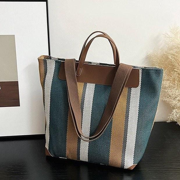 Large Stylish Color Block Striped Canvas Tote Bag For Women In Blue Black Or Khaki