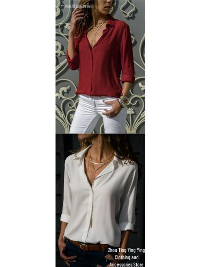 Women's Deep V Button-Up Chiffon Shirt - Long Sleeve, Autumn/Winter Collection