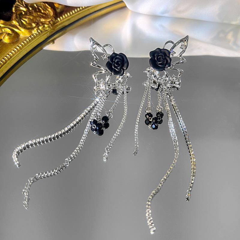 Elegant Butterfly Tassel Chain Non-Pierced Rose Ear Clip Earrings