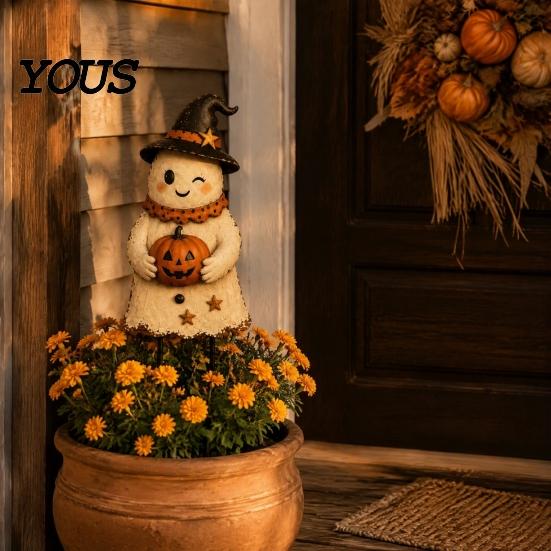 Fun Garden Decorations Halloween Cute Ghost Ground Stakes, Metal Yard Art Sculpture with Pumpkin/Broomstick Elements for Outdoor Decorative Ornaments