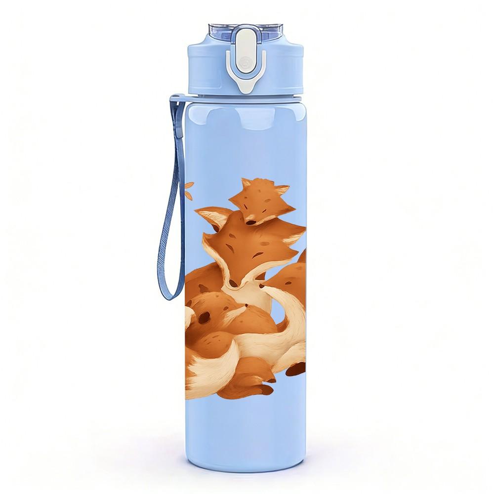 1PC Twin Fox Family Cartoon 750ml Color Plastic Sports Water Bottle Leakproof Flip Straw Lid Suitable for Sports Office Home Use