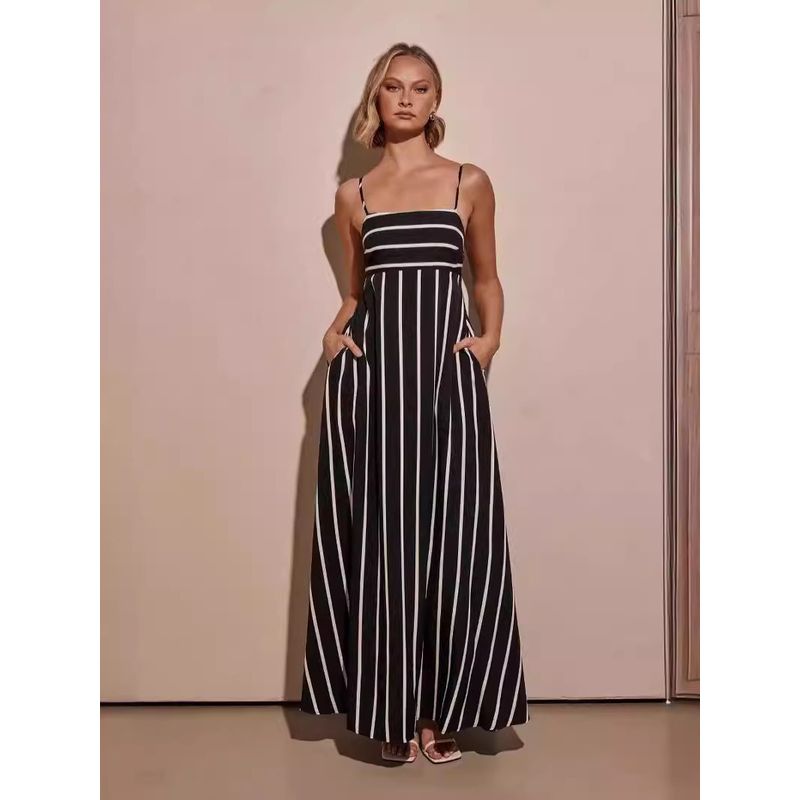 

Полосатый топ-халтер с открытой спиной, европейско-американское полосатое платье на бретелях с открытой спиной и большим подолом Black L