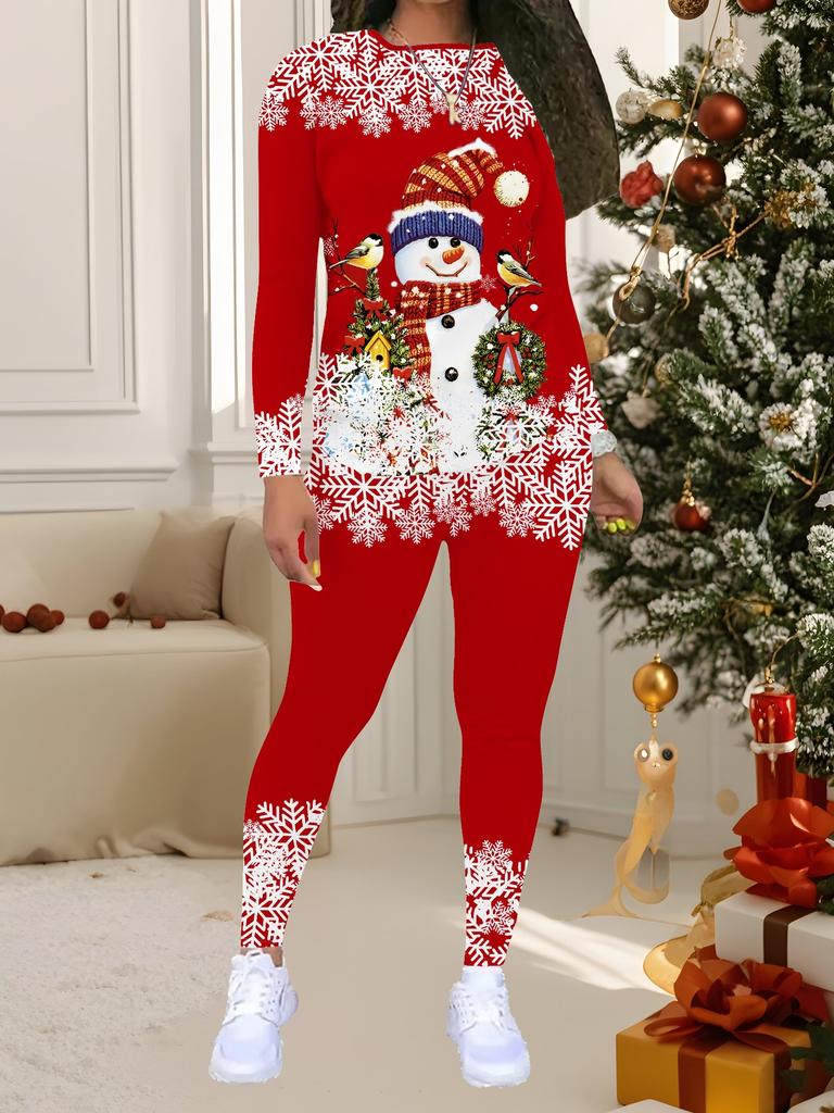 Dam Julmönstrad 2-delad Outfit: Långärmad topp med rund hals & byxor, Holiday Limited Casual Party Gift Kostym