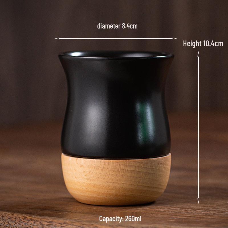 Vintage Coarse Pottery Ceramic Espresso Cup with Wooden Base, Personal Water & Tea Mug for Office