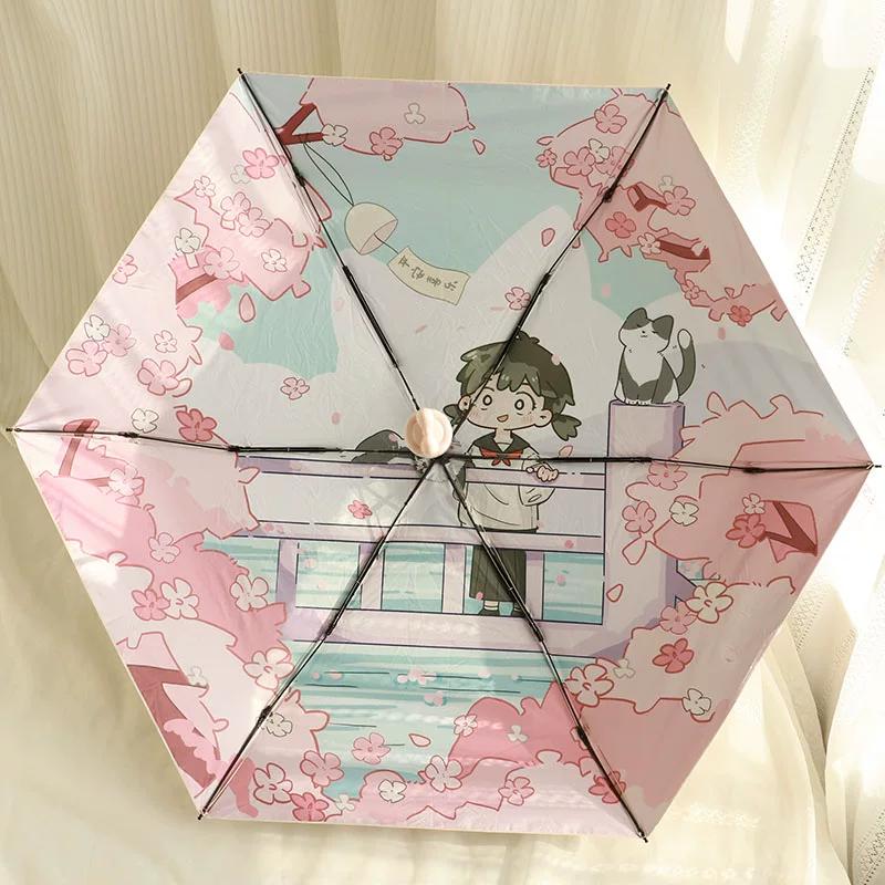 Cartoon Anime Ultra-Light Mini Five-Fold Folding Umbrella, Cute and Stylish Portable Sun Protection Umbrella for Women, Creative Rain Umbrella