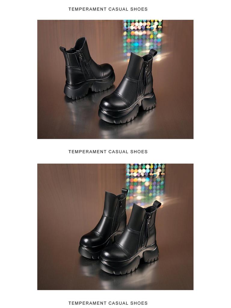 Women's Genuine Leather Platform Chelsea Ankle Boots with Hidden Heel - 2025 Autumn/Winter New British Style, Small Sizes Available