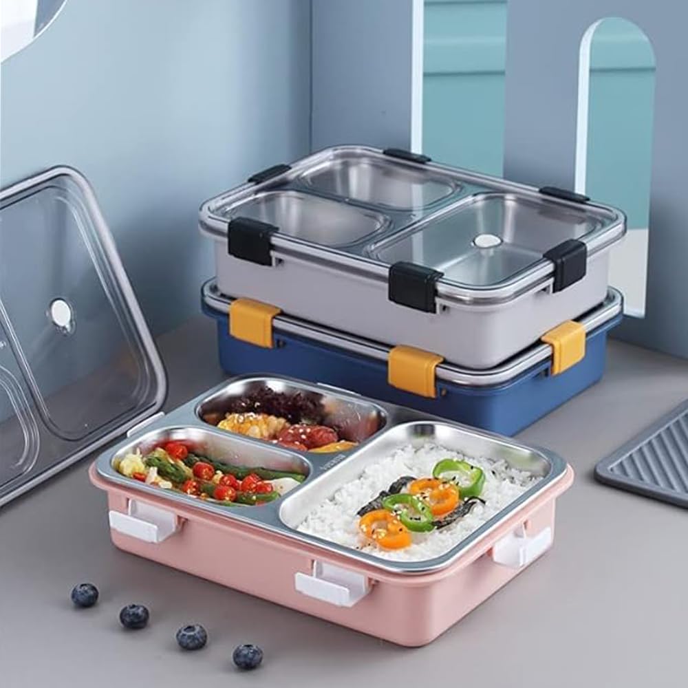 RSINC 3 Compartment Stainless Steel Lunch Boxes for Boys | Office Vaccum Tiffin Box for Women Leak Proof Snack  (Assorte Color) Lunch Box 750 Ml