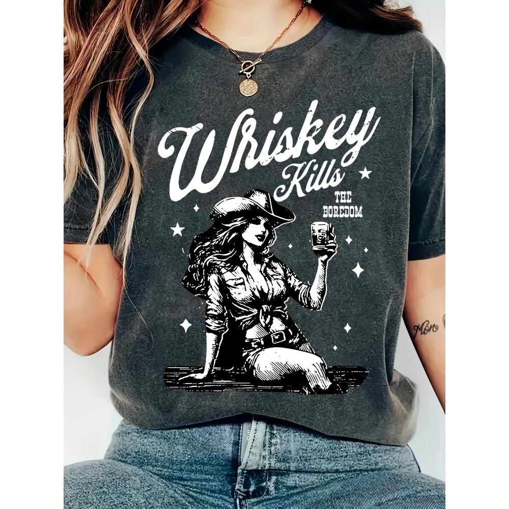 Camiseta Gráfica Vintage Fashion Whiskey Kills Cowgirl Feminina Casual Gola Redonda Malha Estampada Com Letras Comprimento Regular