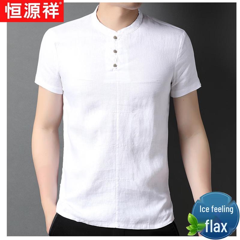 Hengyuanxiang Men s 100% Linen Short Sleeve Polo Shirt L