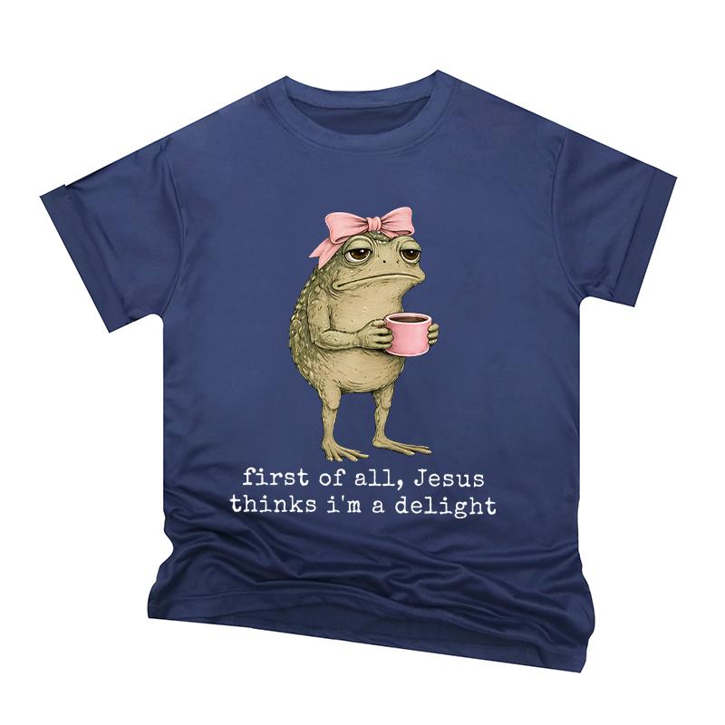 Fun Frog Holding Coffee Print T Shirts Unisex Unisex Jesus Thinks Im A Delight Crew Neck Tshirt Religious Humor Present Tshirt