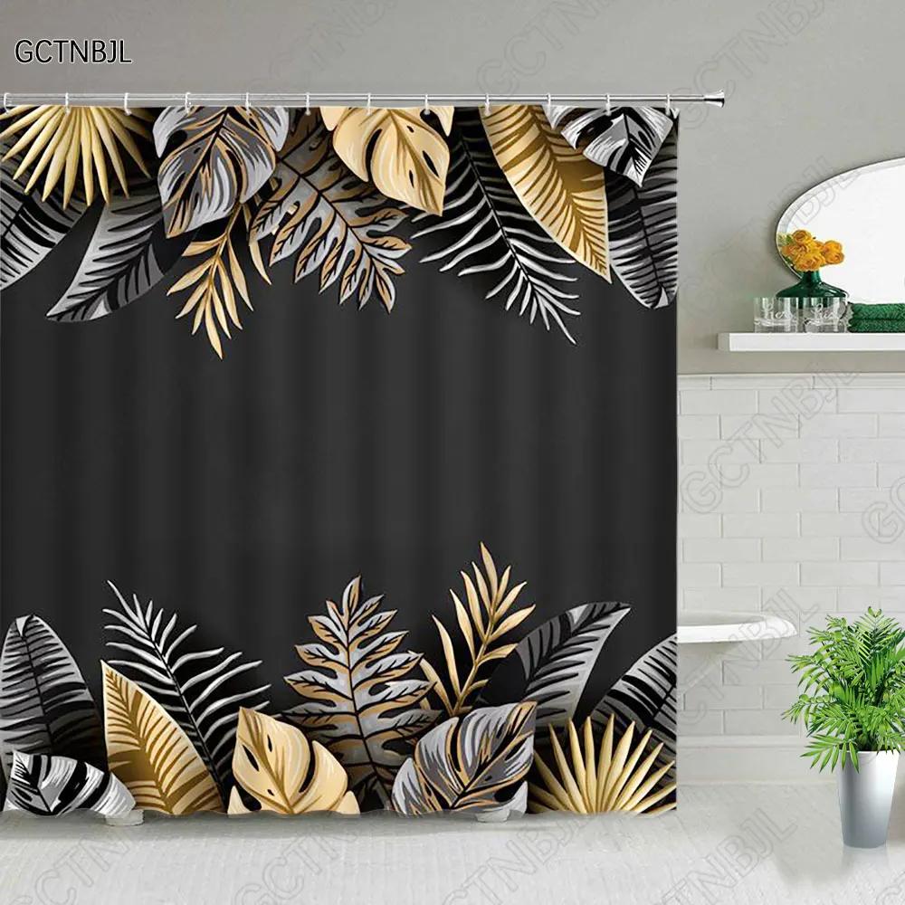 Tropical Green Plant Bathroom Shower Curtains Black Background Gold Palm Leaf Pattern Bath Curtain Waterproof Bathtub Home Decor