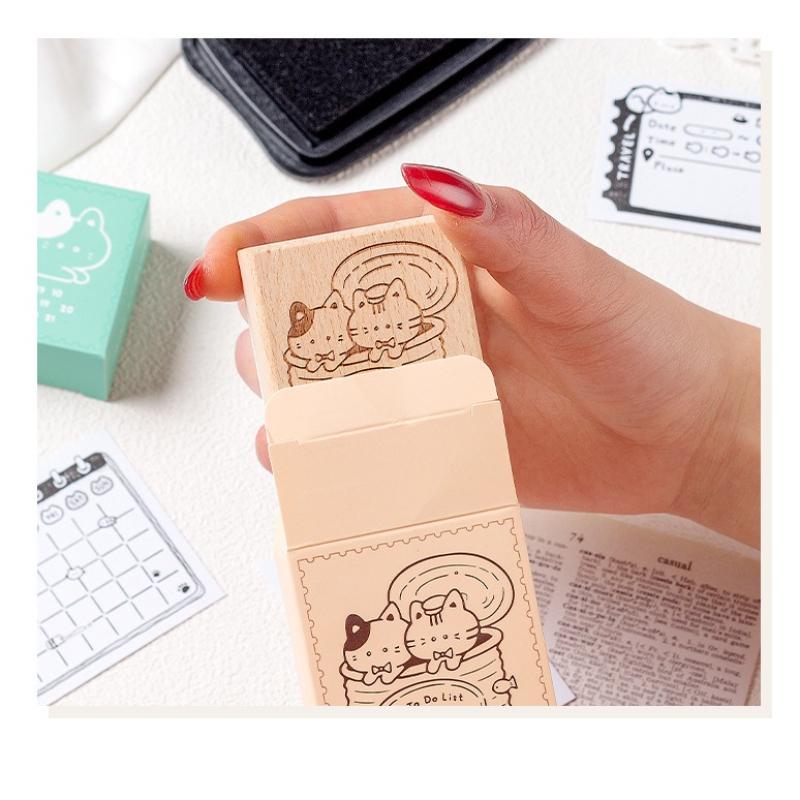 Office School Supplies Memo Cat Box Wooden Handbook Seal Retro Cat Schedule Plan Beech Wood Seal Daily Memo Seal Assorted Stamp