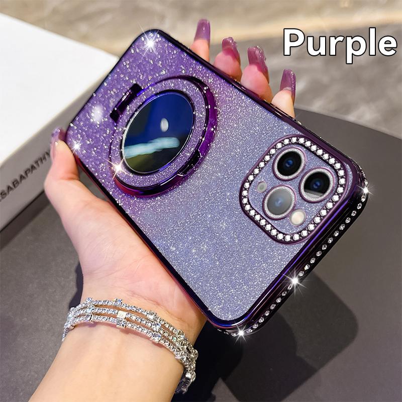 KEYSION Luxury Glitter Jewelled Magnetic Phone Case for iPhone 11 12 Pro Max Makeup Mirror Ring Stand Shockproof Back Cover