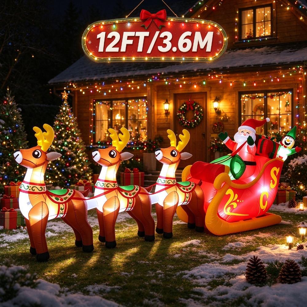 12FT/3.6M Inflatable Santa Claus Sleigh with 3 Reindeer and Elf, Glowing Christmas Outdoor Yard Decor