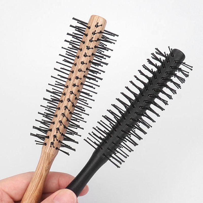 BEPAN Wood Handle Round Hair Curling Brush Hair Salon Styling Drying Tool Hairdressing Curling Massage Roller Comb with Nylon Bristles