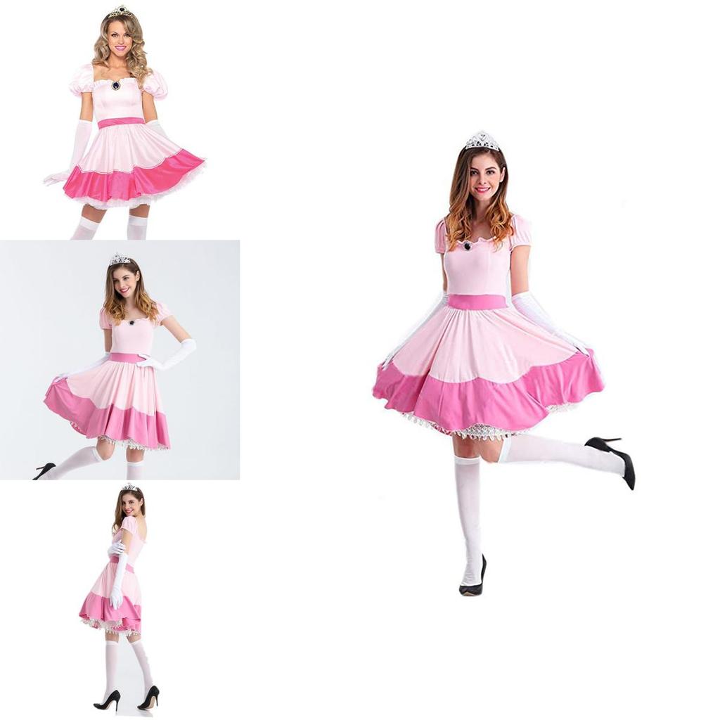 Elegant Super Mario Pink Princess Peach Costume Dress With Crown And Gloves Set