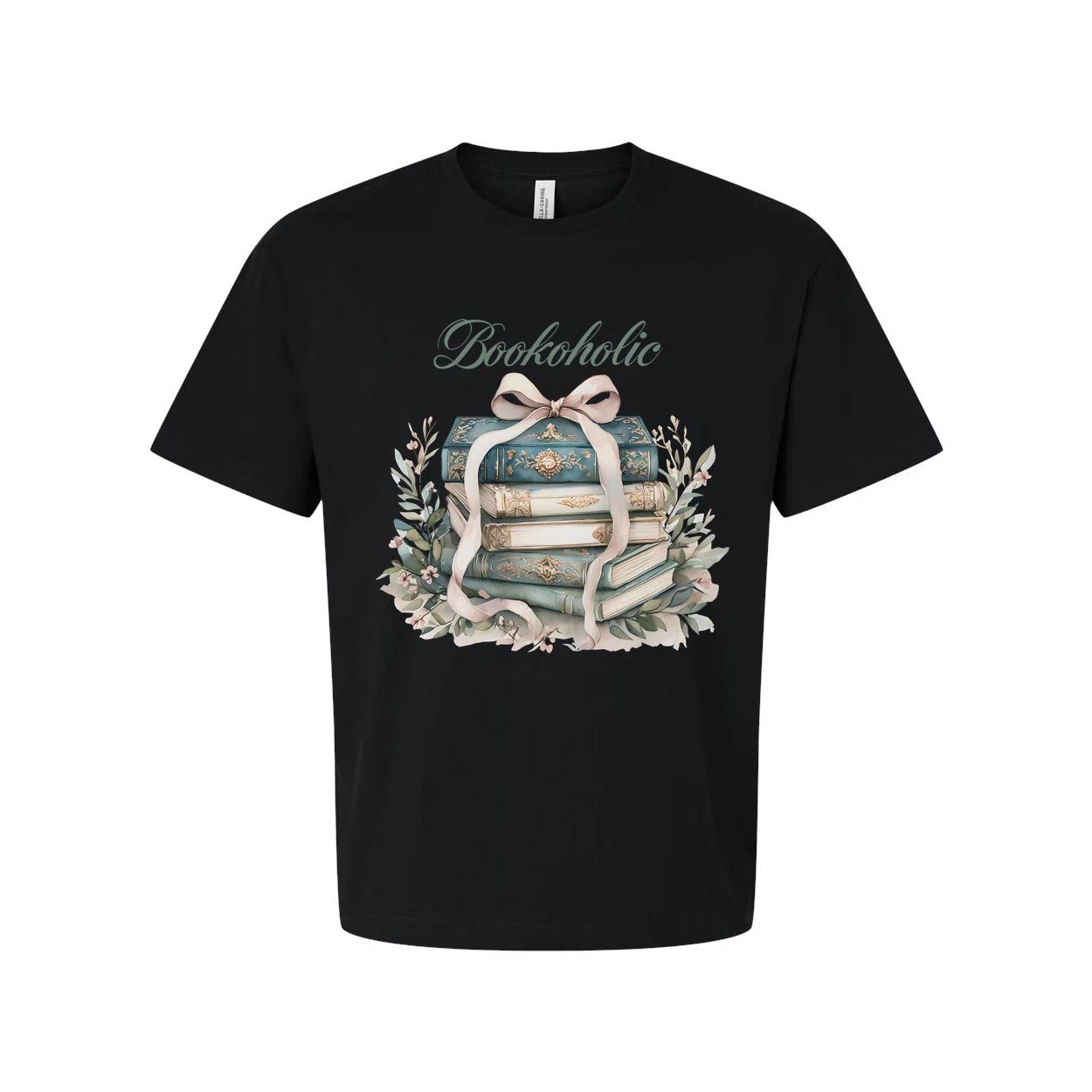 

Bookoholic Stack of Books With Ribbon Flowers Unisex Tee M