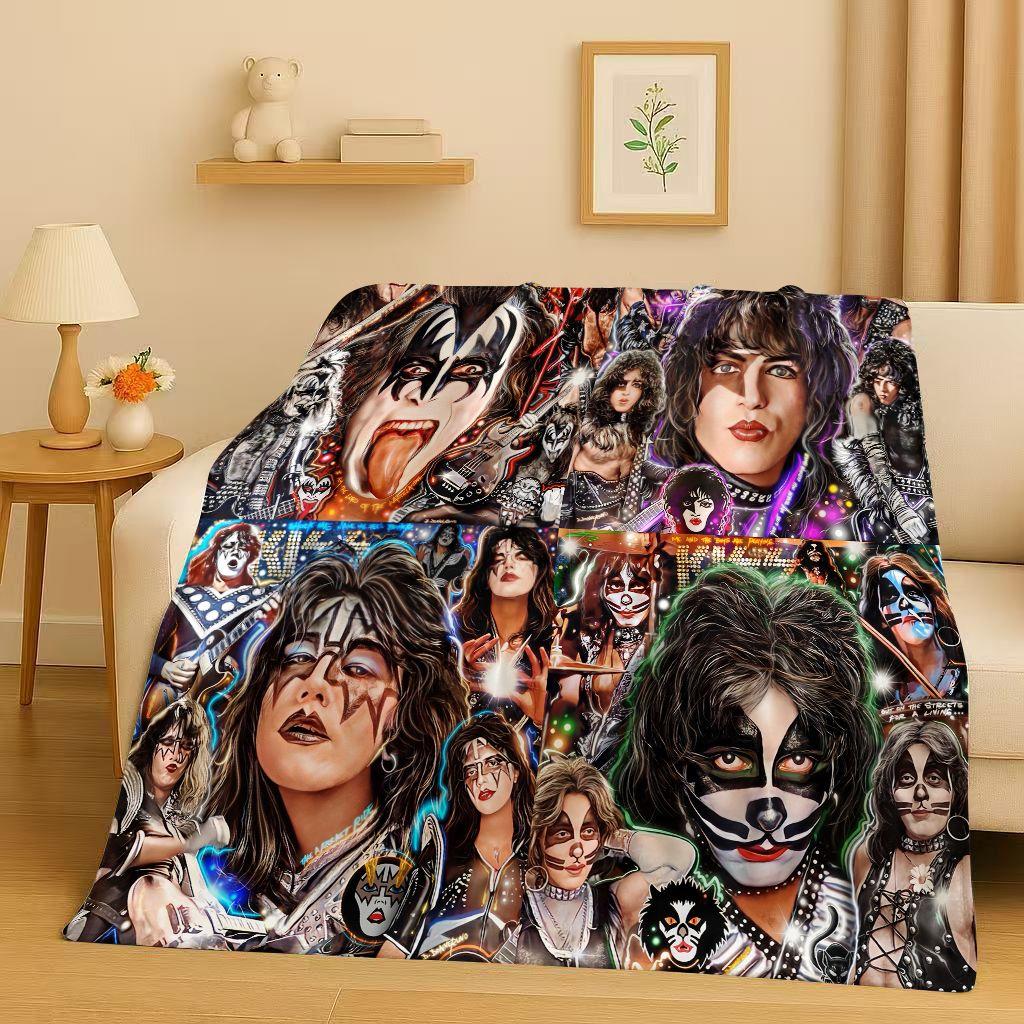 Coperta di Flanella Retro Kiss Rock Heavy Metal Band Gene Simmons, Coperta Morbida Ultra Peluche per Casa Camera da Letto Letto Divano Ufficio