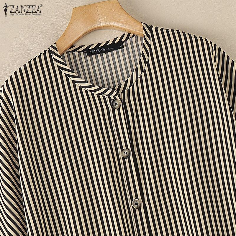ZANZEA Women Casual Round Neck Stripe Print Loose Half Sleeve Blouse