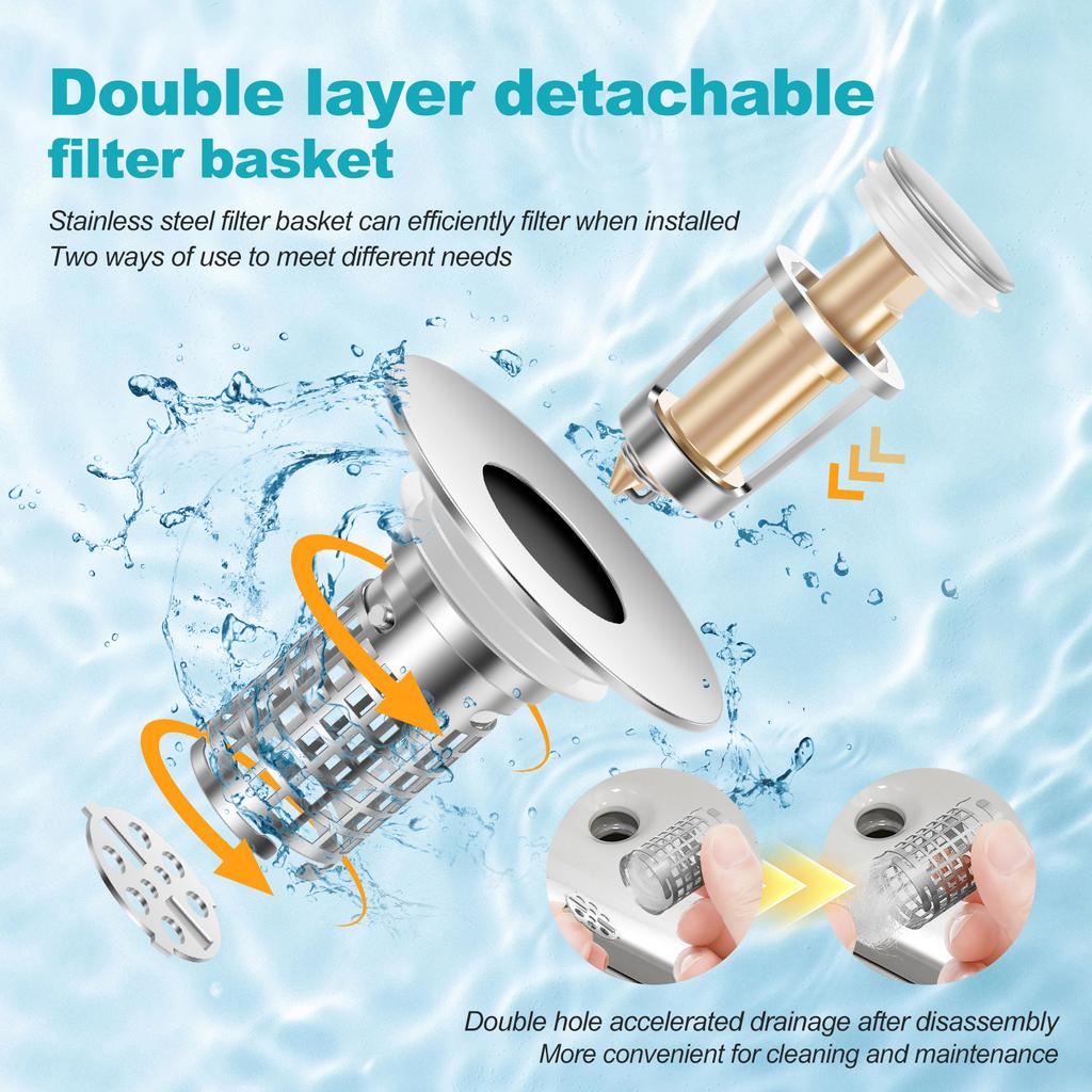 2 Stück Badezimmer-Waschbeckenstöpsel Edelstahl 3-in-1 Universeller Filterkorb Haarfänger Pop-Up Spülbecken-Abfluss-Sieb für Küche