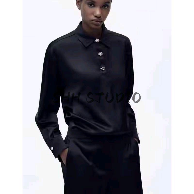 Spring New Women's Clothing French Gold Decorated Row Button Silk Satin Textured Shirt 2138748 9699255