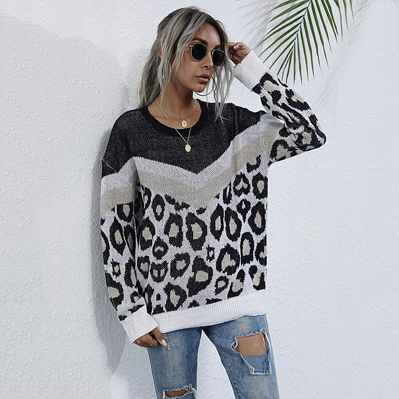 Women's Crew Neck Sweater, Color-Block, Leopard Print, Loose Fit for Fall and Winter