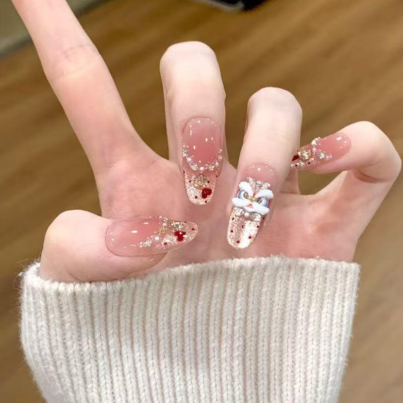 2026 New Year Wearable Lion Dance Cat Eye Manicure: Handmade Removable False Fingernail Stickers.