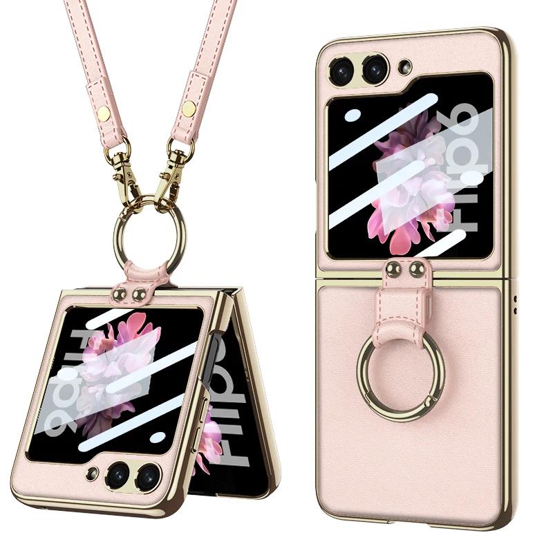 Luxury Plating Leather Shoulder Strap Case For Samsung Galaxy Z Flip 6 Screen Glass Ring Holder Cover For Galaxy Z Flip 5 Cases