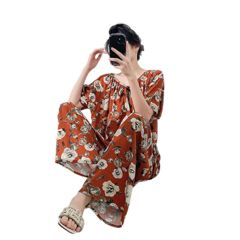 1011 new pajamas women's summer cotton and silk thin short-sleeved trousers set can be worn outside spring and autumn large-size loungewear