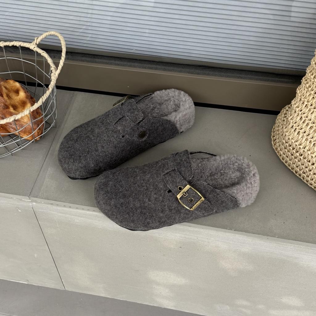 2025 Winter New Leather Retro Thick-soled Heightening Versatile Casual Slippers Women's Thickened and Hairy Low-top Birkenstocks