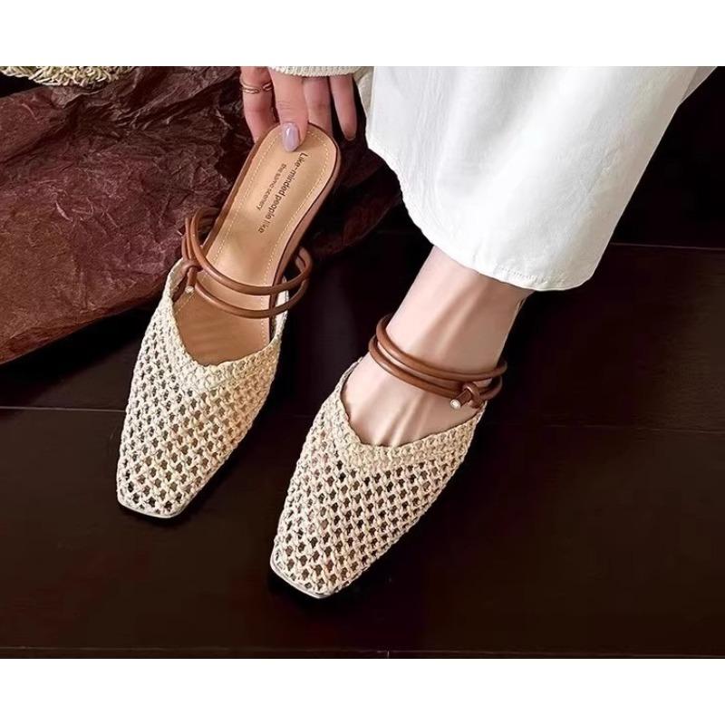 Summer New Women Slip On Mules Shoes Fashion Cane Weave Ladies Sandal Shoes Square Low Heel Outdoor Casual Slipper