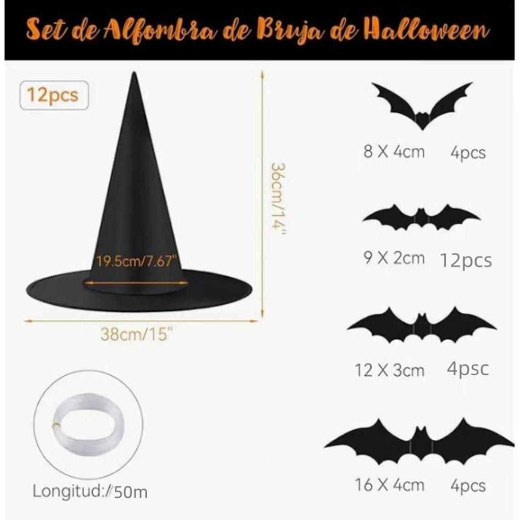 Halloween Witches Hat 12 Pieces Spooky Halloween Decorations With Bats Witch Hat Set With 164Ft Nylon Cord For Indoor Outdoor