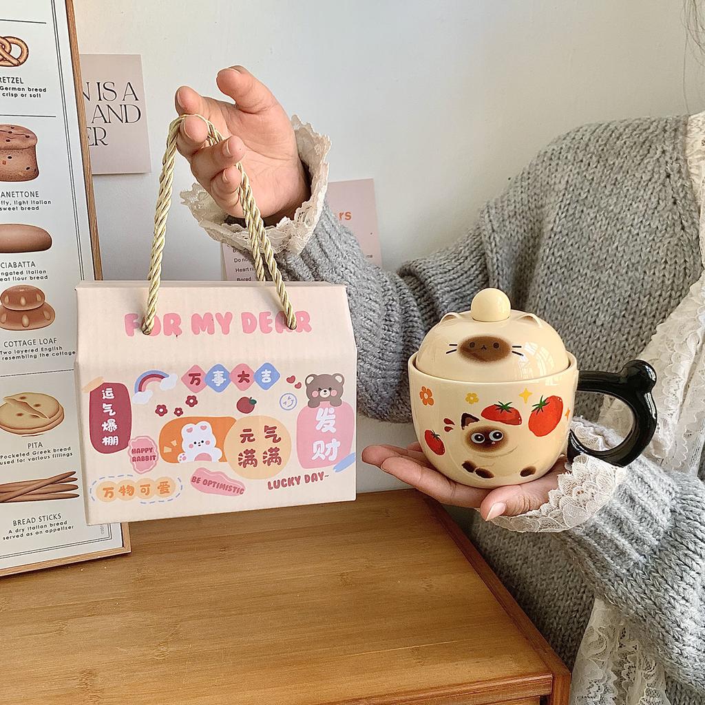 Siamese Cat Mug with Lid Spoon Cute Ceramic Cup for Women Home Office Coffee Breakfast Cup Birthday Gift
