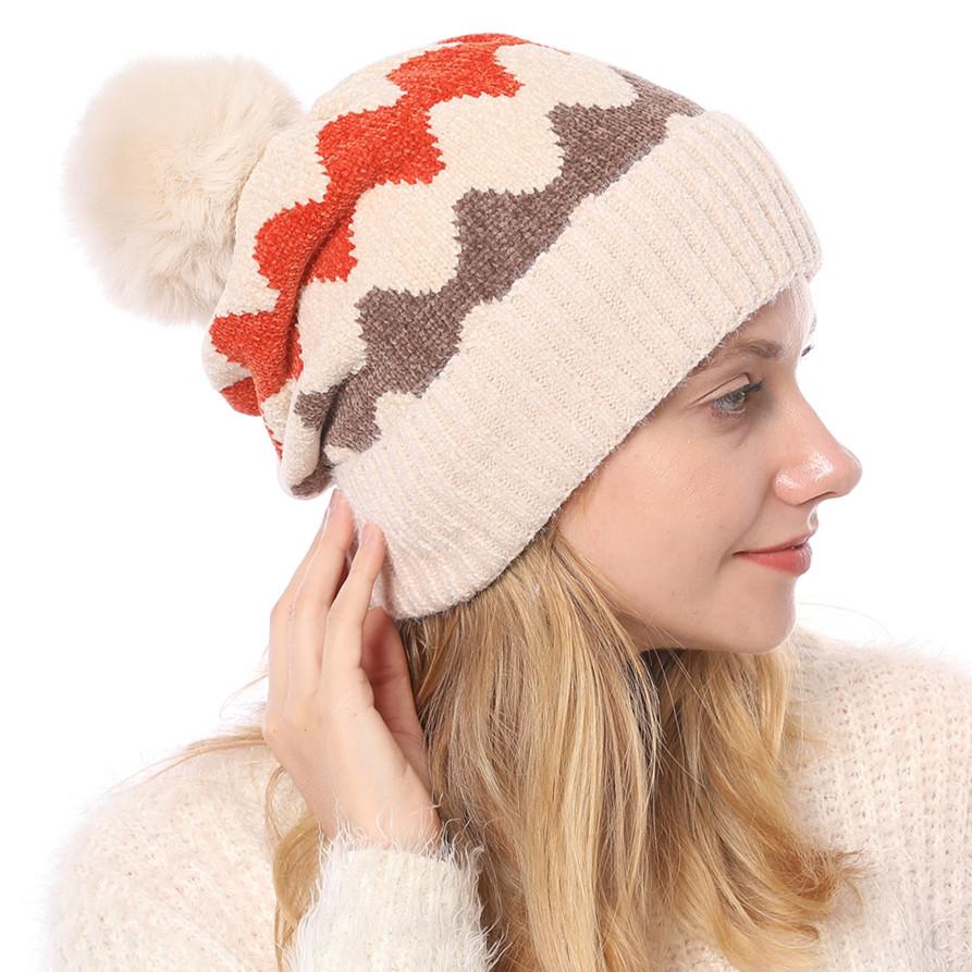 Women's Autumn Winter Plush Warm Knit Hat Chenille Soft Wave Wool Ball Wool Hat