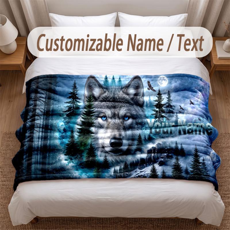 Wolf Theme Soft Blanket Personalized Custom Name Text Print Warm Blanket Home Sofa Bedroom Decor