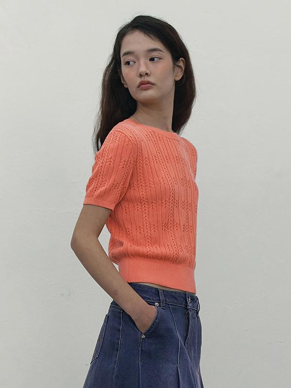 Kirsh Small Cherry Cable Crop Short Sleeve Knit [Orange] 1