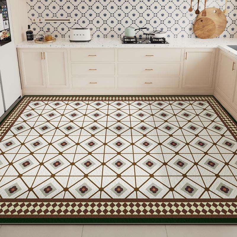 Large PVC Kitchen Floor Mat Waterproof Non-slip Green Rug Geometric Flower Design Home Decoration Rugs Durable Leather Carpet