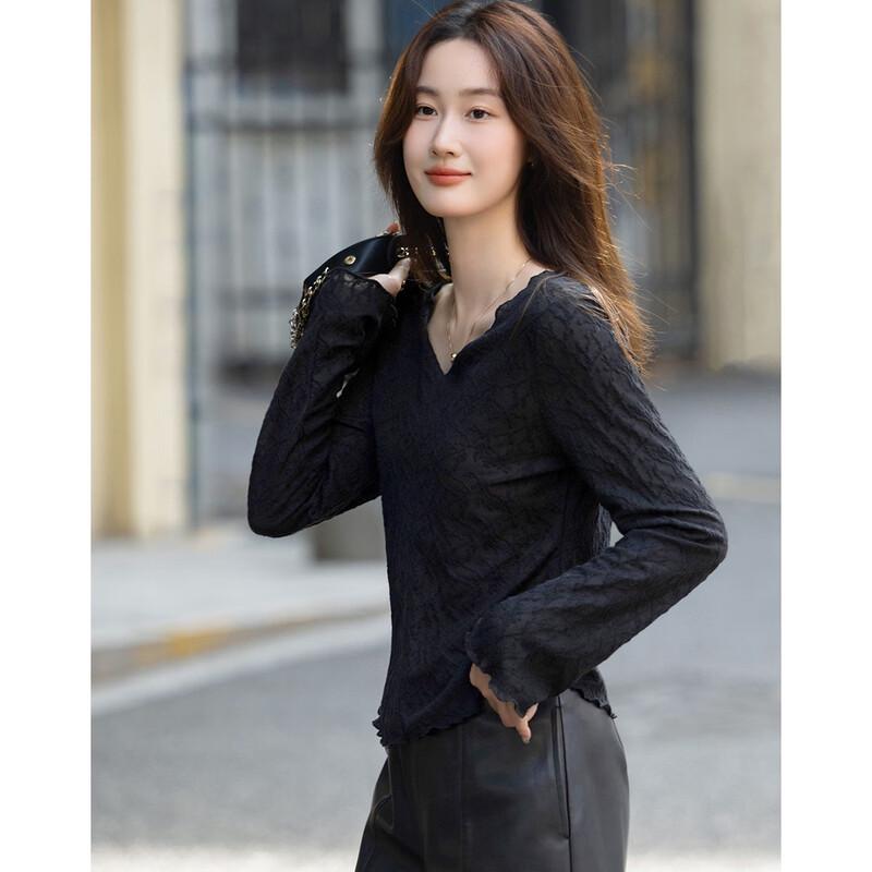 Demana Elegant V-Neck Lace Embroidered Long Sleeve T-Shirt