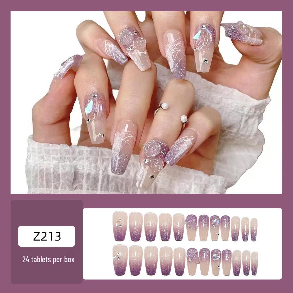 Purple French Gradient Press-on Nails with Camellia Glitter Diamond Nail Art Stickers, Medium-Long Tips