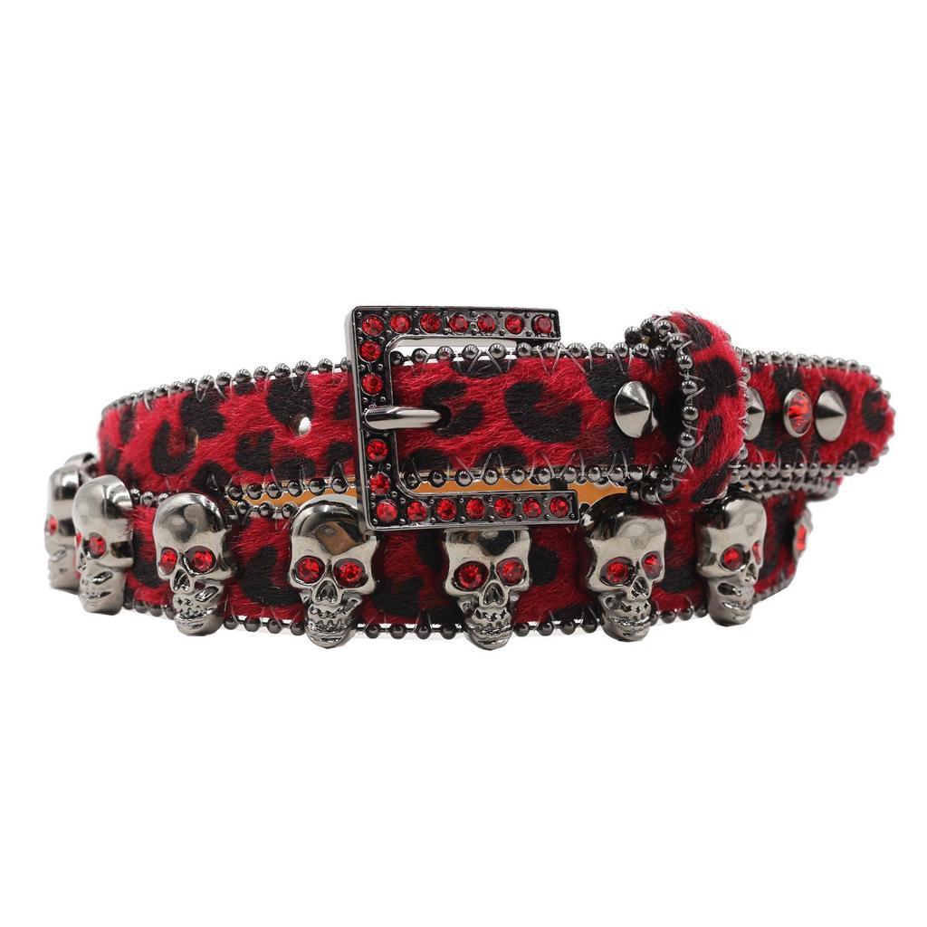 Leopard Print Women's Belt with Skull Design and Rhinestone Pin Buckle - Hip Hop Nightclub Style