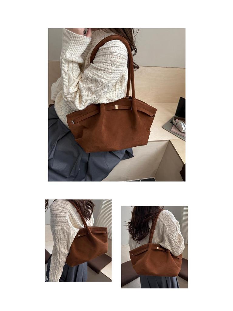 Women's Suede Pleated Tote Bag - Large Capacity, Retro Korean Style Shoulder Handbag for Autumn/Winter 2025