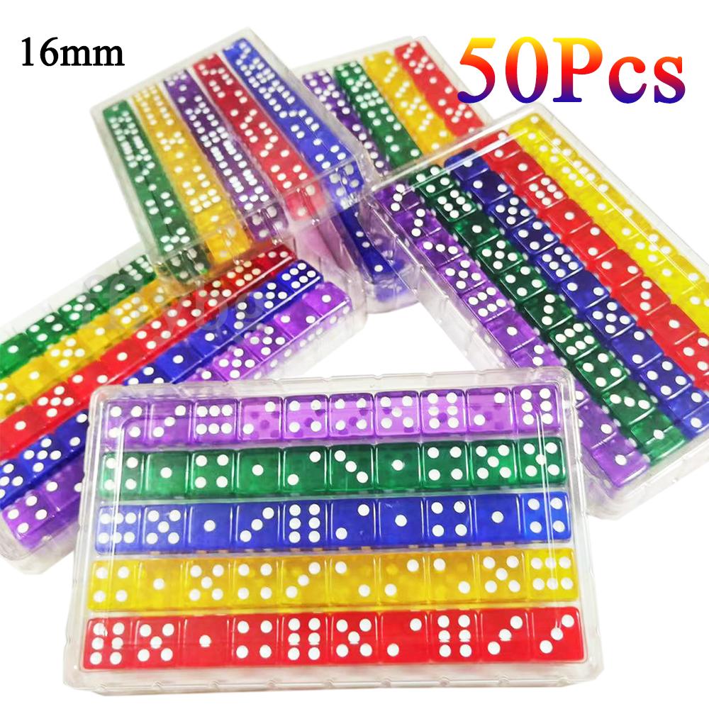 50PCS/Kit 6 Sided Dice 16mm D6 16 See Through Color Acrylic Square Corner Cube Digital Dice For Table Board Games Party DND