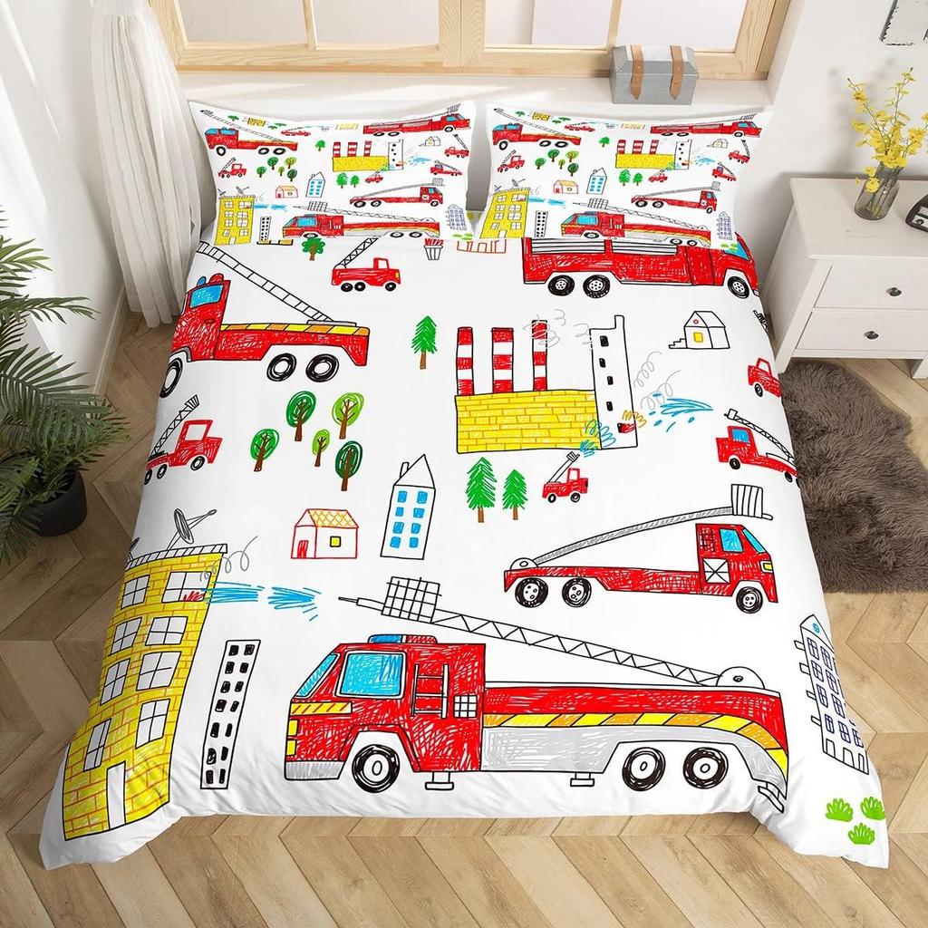 Comforter Fire Truck For Kids Boys Fire Engine Vehicle Extinguisher Fire Hydrant Print Bedding Set Microfiber Twin